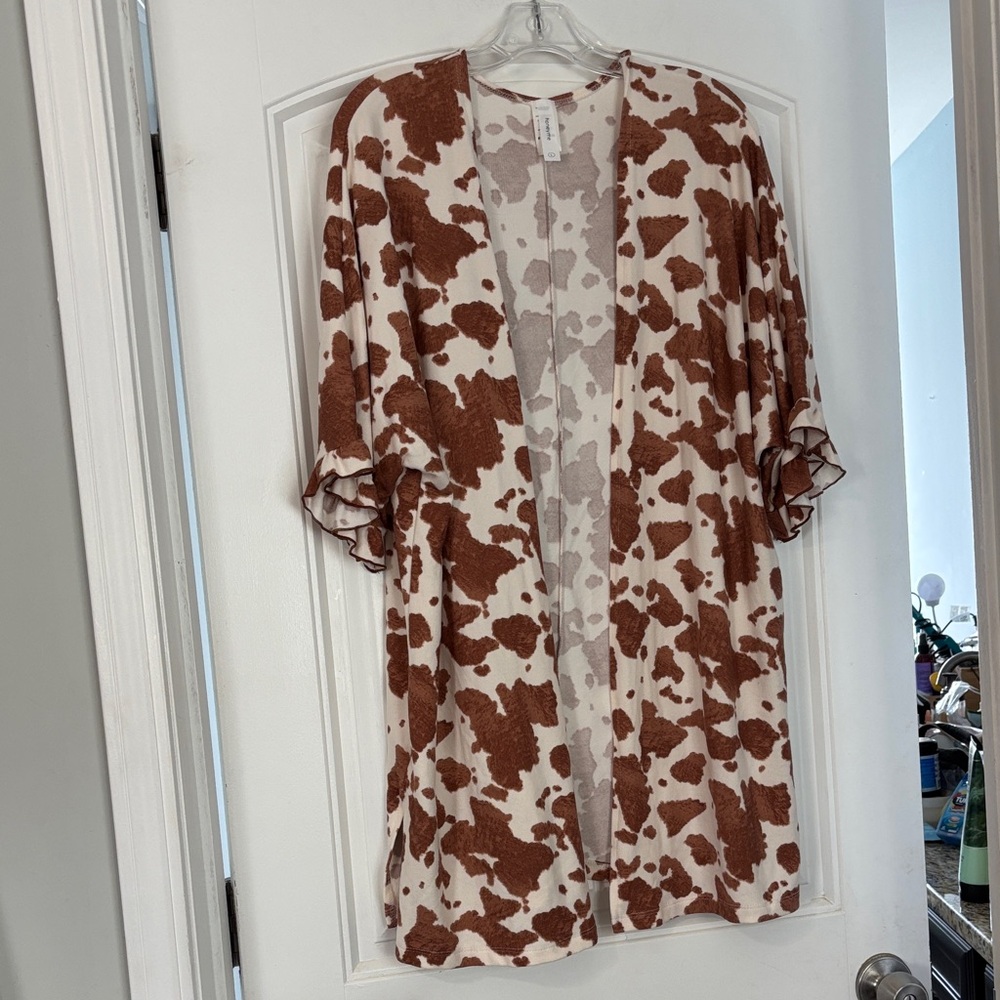 Cow Print Open Front Kimono Cardigan - Cream & Brown large